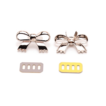 Zinc Alloy Bowknot Shoe Buckle Clips, Platinum, Bowknot: 18x29.5x6.8mm, Gasket: 19x12x0.8mm, Hole: 6x2mm, 2pcs/set