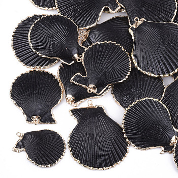 Spray Paint & Electroplate Sea Shell Pendants, with Iron Findings, Light Gold, Black, 34~56x29~48x3~10mm, Hole: 2mm