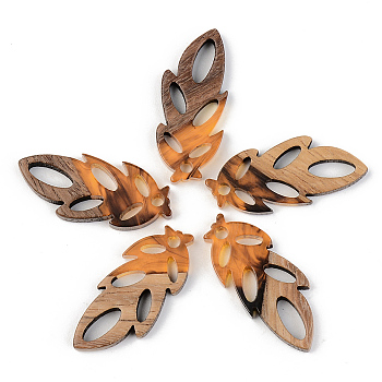 Resin & Walnut Wood Pendants, Leaf, Orange, 28x11.5x3mm, Hole: 1.8mm
