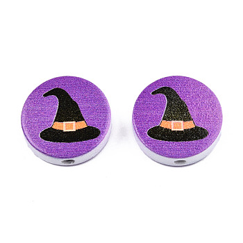 Halloween Printed Natural Wood Beads, Flat Round with Witch Hat Pattern, Medium Orchid, 19~20x5.9mm, Hole: 2~2.2mm