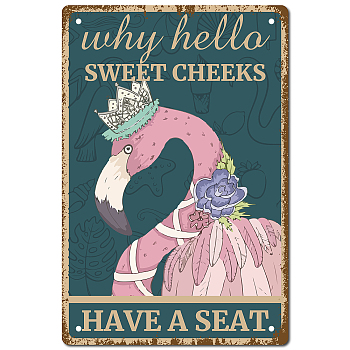 Tinplate Sign Poster, Vertical, for Home Wall Decoration, Rectangle with Word Why Hello Sweet Cheeks Have A Seat, Ostrich Pattern, 300x200x0.5mm