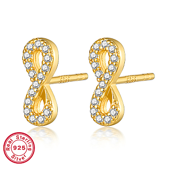 925 Sterling Silver Rhinestone Stud Earrings, Real 18K Gold Plated, with with S925 Stamp, Infinity, 10x4mm