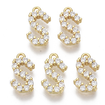 Brass Micro Pave Cubic Zirconia Charms, Nickel Free, Letter, Clear, Real 18K Gold Plated, Letter.S, 13.5x7.5x2.5mm, Hole: 1.2mm