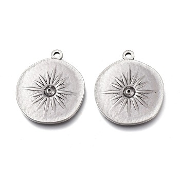304 Stainless Steel Pendants, Flat Round with Star, Antique Silver, 28.5x24x2mm, Hole: 2mm