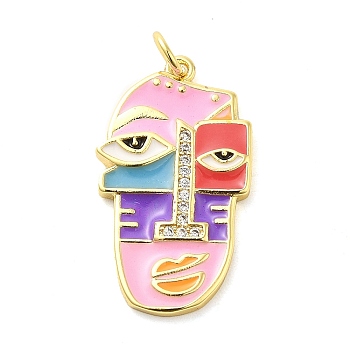 Real 18K Gold Plated Brass Clear Cubic Zirconia Pendants, with Enamel and Jump Ring, Abstract Face, Pearl Pink, 26x15x4mm, Hole: 3.4mm