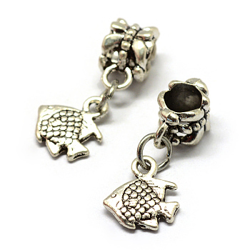 Alloy European Dangle Charms, Tibetan Style, Large Hole Pendants, Fish, Antique Silver, 23mm, Hole: 4.5mm