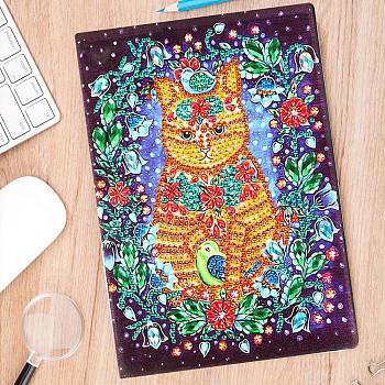 DIY Animal Theme Notebook Diamond Painting Kits, Including A5 Notebook, Resin Rhinestones, Diamond Sticky Pen, Tray Plate and Glue Clay, Cat Pattern, 207x145mm, 50 pages/book