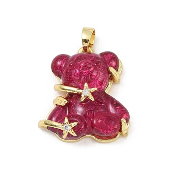 Rack Plating Brass Pendant, with Cubic Zirconia and Resin, Lead Free & Cadmium Free, Long-Lasting Plated, Bear, Cerise, 24x20.5x8.5mm, Hole: 4.5x3mm