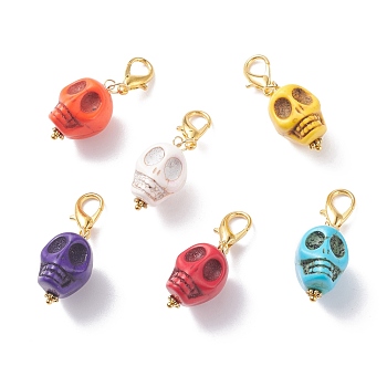 Synthetic Howlite Pendants Decorations, with Zinc Alloy Lobster Claw Clasps, Skull, Mixed Color, 43mm