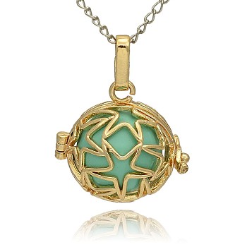 Golden Tone Brass Hollow Round Cage Pendants, with No Hole Spray Painted Brass Ball Beads, Medium Turquoise, 23x24x18mm, Hole: 3x8mm
