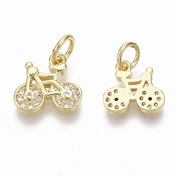 Brass Micro Pave Clear Cubic Zirconia Charms, with Jump Ring, Nickel Free, Bike, Real 18K Gold Plated, 10x10x1.5mm, Hole: 3mm