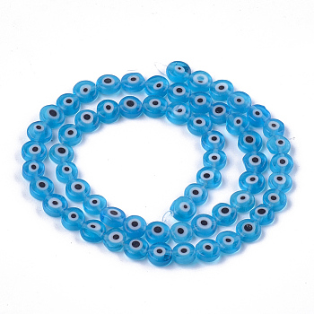 Handmade Evil Eye Lampwork Beads Strands, Flat Round, Deep Sky Blue, 6x2.5mm, Hole: 1mm, about 64~65pcs/strand, 14.1 inch~14.5 inch