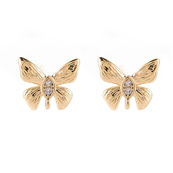 Brass Micro Pave Clear Cubic Zirconia Stud Earrings Findings, Nickel Free, Butterfly, Real 18K Gold Plated, 8x9mm, Hole: 0.8mm, Pin: 0.7mm