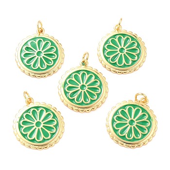 Real 18K Gold Plated Brass Pendants, with Enamel, Long-Lasting Plated, Flat Round with Flower, Green, 22.5x19.5x2mm, Jump Ring: 5x1mm, 3mm Inner Diameter