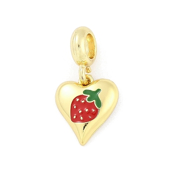 Brass Red Enamel Heart European Dangle Charms, Large Hole Pendants, Real 18K Gold Plated, Strawberry, 25mm, Hole: 4.5mm