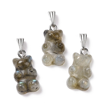 Natural Labradorite Pendants, with Stainless Steel Color Tone 201 Stainless Steel Findings, Bear, 27.5mm, Hole: 2.5x7.5mm, Bear: 21x11x6.5mm