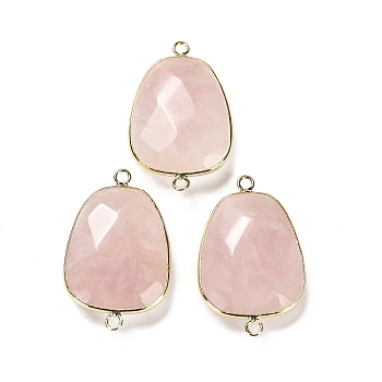 Natural Rose Quartz Faceted Connector Charms, Rack Plating Brass Teardrop Charms, Cadmium Free & Lead Free, 33.5~34x21x6~6.5mm, Hole: 2mm