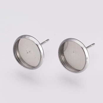 202 Stainless Steel Stud Earring Settings, with 304 Stainless Steel Pin, Flat Round, Stainless Steel Color, Tray: 10mm, 12x2mm, Pin: 0.8mm