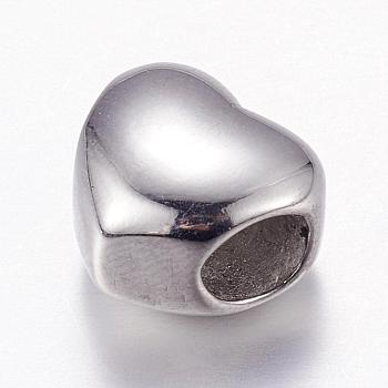 304 Stainless Steel European Beads, Large Hole Beads, Heart, Stainless Steel Color, 10x11x8mm, Hole: 5mm