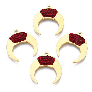316 Surgical Stainless Steel Pendants, with Micro Pave Cubic Zirconia, Real 14K Gold Plated, Double Horn/Crescent Moon, Red, 17.5x16x2mm, Hole: 1mm