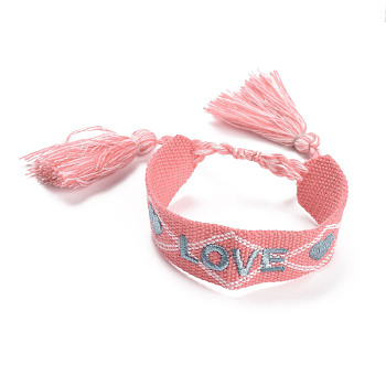 Word Love Polycotton(Polyester Cotton) Braided Bracelet with Tassel Charm, Flat Adjustable Wide Wristband for Couple, Light Coral, Inner Diameter: 2~3-1/8 inch(5~8cm)