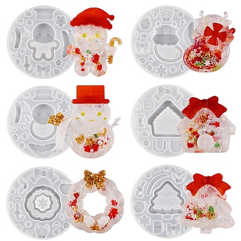 Christmas Theme Wreath/Sock/Tree/Snowman/Gingerbread Man/House DIY Silicone Quicksand Molds, Shaker Molds, Resin Casting Molds, for UV Resin, Epoxy Resin Craft Making, White, 100x11mm, 6pcs/set