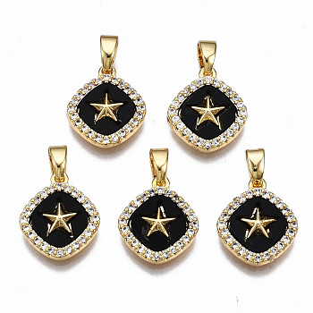 Brass Micro Pave Clear Cubic Zirconia Charms, with Enamel, Nickel Free, Rhombus with Star, Real 18K Gold Plated, Black, 14x12x3mm, Hole: 2.5x4.5mm, Side Length: 11mm