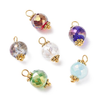 Electroplated Glass Pendants, with Brass & Alloy Findings, AB Color, Faceted Round, Golden, Mixed Color, 14x7.5mm, Hole: 2.5mm