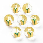 Transparent Glass Enamel Beads, Hand Painted Beads, Round, Yellow, 13x12x11mm, Hole: 1.6mm(GLAA-N049-019)