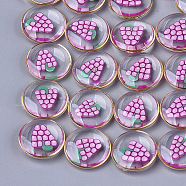 Epoxy Resin Cabochons, with Polymer Clay Inside and Brass Findings, Flat Round with Grape Pattern, Light Gold, Plum, 18x5mm(RESI-S360-07C)
