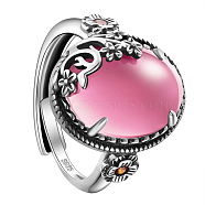 SHEGRACE 925 Sterling Silver Adjustable Rings, with Grade AAA Cubic Zirconia, Oval with Flower, Antique Silver, Pink, US Size 9, Inner Diameter: 19mm(JR829D)