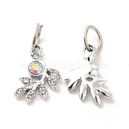 Rack Plating Alloy Rhinestone Pendants, with Jump Rings, Leaf Charms, Crystal AB & Crystal, Platinum, 18.5x13.5x3.5mm, Hole: 6~6.3mm(PALLOY-P289-57P)