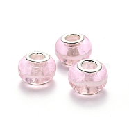 Handmade Lampwork European Beads, Large Hole Rondelle Beads, with Platinum Tone Brass Double Cores, Pink, 14x9~10mm, Hole: 5mm(LPDL-N001-014)