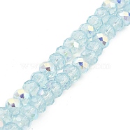 Baking Painted Transparent Glass Beads Strands, Imitation Opalite, Faceted, AB Color Plated, Round, Light Sky Blue, 8x6.5mm, Hole: 1.4mm, about 64~65pcs/strand, 16.34~16.54''(41.5~42cm)(DGLA-A034-J8mm-B04)