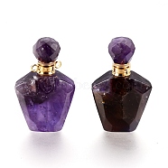 Faceted Natural Amethyst Openable Perfume Bottle Pendants, Essential Oil Bottles, with Golden Tone 304 Stainless Steel Findings, 35.5~37.5x23x13.5mm, Hole: 1.8mm, Capacity: about 2ml(0.06 fl. oz)(G-E564-09F-G)