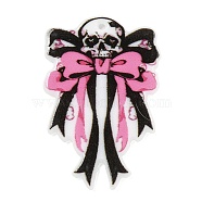 Halloween Theme Printed Acrylic Pendants, Skull with Bowknot Charms, Pink, 40x26x2.5mm, Hole: 1.4mm(SACR-M006-04B)