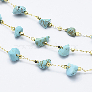 3.28 Feet Handmade Synthetic Turquoise Beaded Chains, Soldered, Brass Chains and Brass Beads, Long-Lasting Plated, Real 18K Gold Plated, 4~14x4~11x2~7mm, Brass Beads: about 2x2x2mm(X-CHC-I026-D-01G)