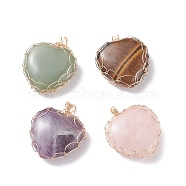 Natural Gemstone Pendants, with Real 18K Gold Plated Copper Wire Wrapped, Heart, 29.5~32x26x9mm, Hole: 3mm(PALLOY-JF01419)