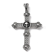 Ion Plating(IP) 304 Stainless Steel Big Pendants, Cross with Skull Charm, Antique Silver, 69x41.5x4mm, Hole: 5x7.5mm(STAS-D067-08AS)