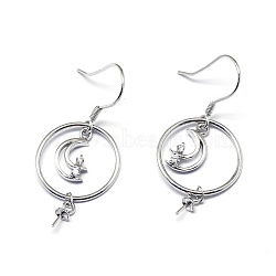 925 Sterling Silver Dangle Earring Findings, with Cubic Zirconia, For Half Drilled Beads, Moon, Clear, Platinum, 37x16mm; Pin: 0.5mm(STER-L057-059P)