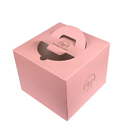 Individual Kraft Paper Tall Cake Boxes, Bakery Single Cake Packing Box, Square with Clear Window and Handle Suitable for 10 Inch Cake, Pink, 305x305x170mm(BAKE-PW0002-31D-01)