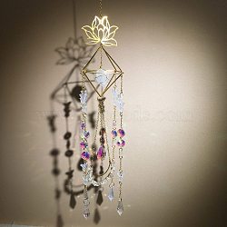 Metal Lotus Hanging Ornaments, Natural Quartz Crystal Chip and Glass Cone Tassel Suncatchers for Home Garden Outdoor Decoration, 500mm(PW-WG48308-04)