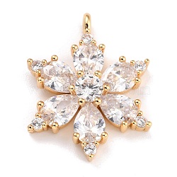 Brass Micro Pave Clear Cubic Zirconia Pendants, Long-Lasting Plated, Flower, Golden, 25.5x20x5mm, Hole: 2mm(ZIRC-L097-036G)