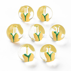Transparent Glass Enamel Beads, Hand Painted Beads, Round, Yellow, 13x12x11mm, Hole: 1.6mm(GLAA-N049-019)