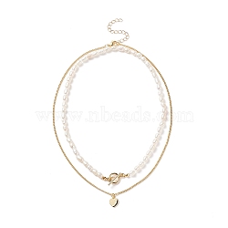 2Pcs 2 Style Natural Pearl Beaded Necklace Set, Brass Heart Charm Stackable Bracelets for Women, Golden, 15.9~17.80 inch(40.5~45.2cm), 1Pc/style(NJEW-JN04003)
