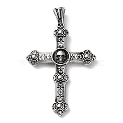 Ion Plating(IP) 304 Stainless Steel Big Pendants, Cross with Skull Charm, Antique Silver, 69x41.5x4mm, Hole: 5x7.5mm(STAS-D067-08AS)