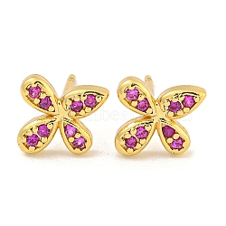 Rack Plating Brass Micro Pave Clear Cubic Zirconia Stud Earrings, with Ear Nuts, Long-Lasting Plated, Flower, Medium Violet Red, 7.5x8.5mm(EJEW-N055-02G-02-RS)