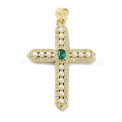 Rack Plating Brass Micro Pave Cubic Zirconia & Imitation Pearl Pendants, Lead Free & Cadmium Free, Long-Lasting Plated, Real 18K Gold Plated, Cross, Dark Green, 36x26x4mm, Hole: 4.5x3mm(KK-R163-02G-03)