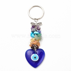 Natural & Synthetic Gemstone Beaded & Handmade Lampwork Pendants Keychain, with Brass, Iron, 304 Stainless Steel & Alloy Findings, Heart with Evil Eye, Medium Blue, 14.2cm(KEYC-JKC00344-03)
