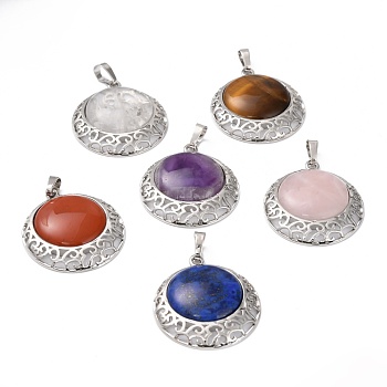 Mixed Gemstone Pendants with Hollow Platinum Brass Findings, Flat Round, 33.5x30x6mm, Hole: 8x5mm